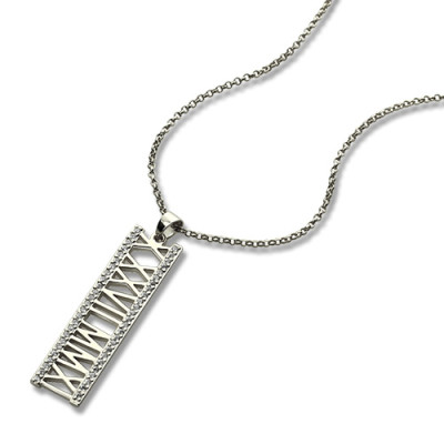 Customisable Sterling Silver Vertical Birthstone Necklace with Roman Numerals