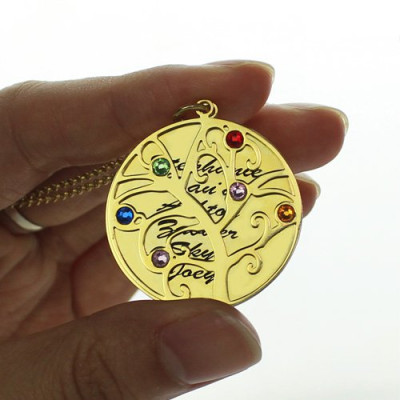 Personalised 18ct Gold Plated Family Tree Birthstone Necklace Customised with Names