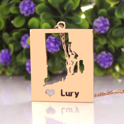 Custom Engraved Rhode Island Dog Tag Necklace with Rose Gold Heart - Name Personalization
