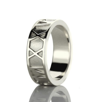 Custom Engraved Roman Numeral Date Band Sterling Silver Ring"