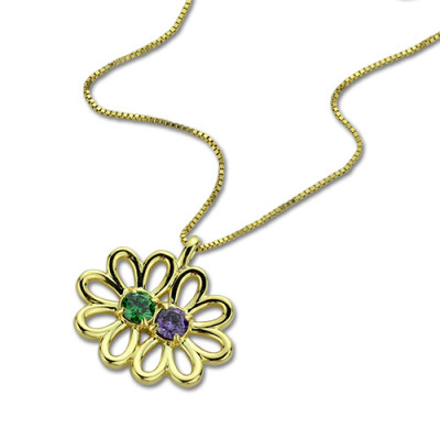 Custom Double Flower Pendant 18k Gold Plated Sterling Silver with Birthstone