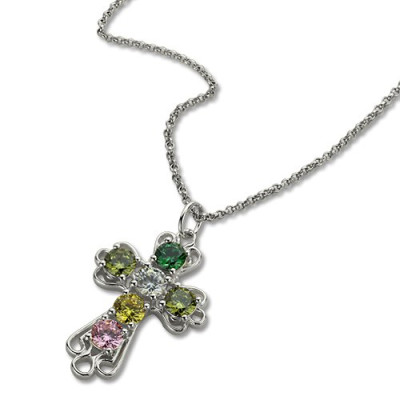 Personalised Sterling Silver Cross Necklace with Birthstones