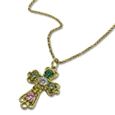 Custom Gold Plated Silver Cross Necklace with Engraved Birthstones