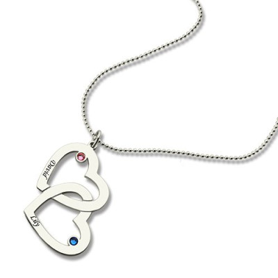 Custom Double Heart Necklace with Names & Birthstones in Sterling Silver