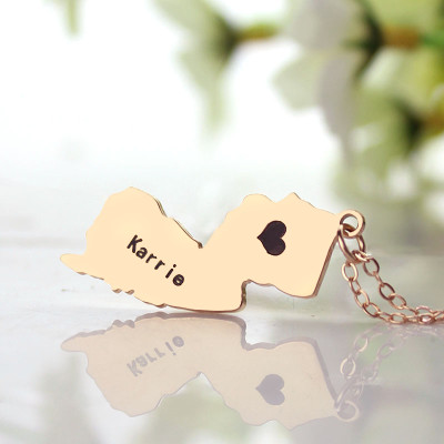 Personalised New Jersey State Outline Necklace With Heart Charm in Rose Gold