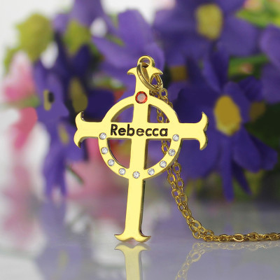 18ct Gold Plated Silver Circle Cross Necklace with Birthstone Name