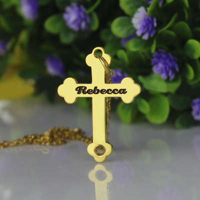 18K Gold Plated Sterling Silver Custom Cross Name Necklace with Rebecca Font