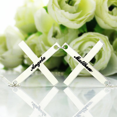 925 Sterling Silver Greek Double Cross Name Pendant Necklace