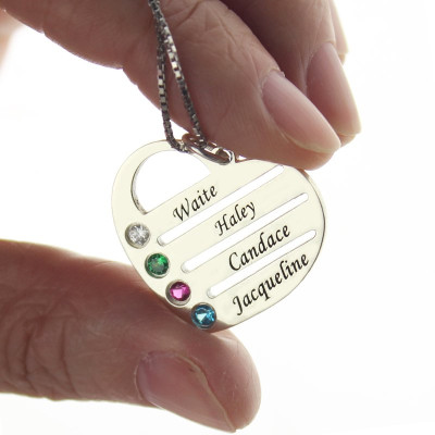 Personalised Mothers Heart Necklace Gift w/ Birthstone and Name Engraving