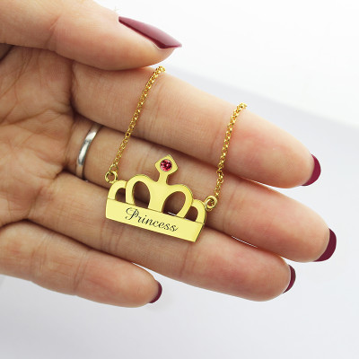 18ct Gold Plated Personalised Princess Crown Charm Birthstone Name Necklace