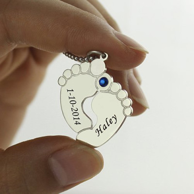 Personalised Baby's Feet Charm Necklace with Birthstone in Sterling Silver