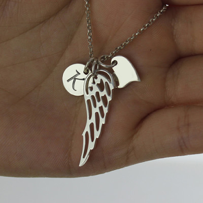 Girls Angel Wing Necklace Gift with Heart and Initial Charm