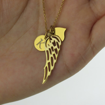 Gold Angel Wing Necklace with Personalised Initial Charm, 18k Gold Plated