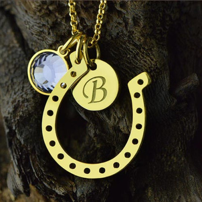 18ct Gold Plate Birthstone Initial Charm Horseshoe Lucky Necklace