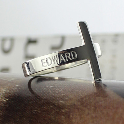 Engraved Name Cross Rings in Sterling Silver - Customisable Text Engraving