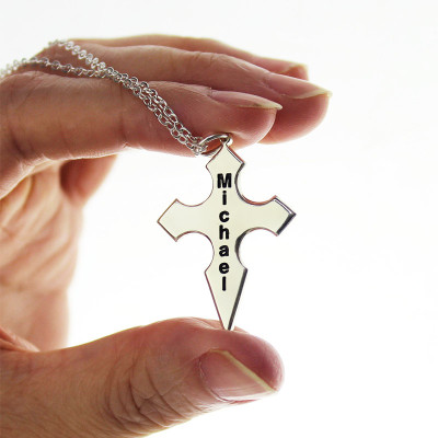 Stainless Steel Silver Conical Cross Personalised Name Necklace