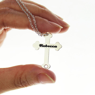 Personalised Silver Cross Name Necklace - Rebecca Script Font