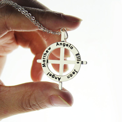 Personalised Silver Latin Circle Cross Necklace - Custom Engraved Names