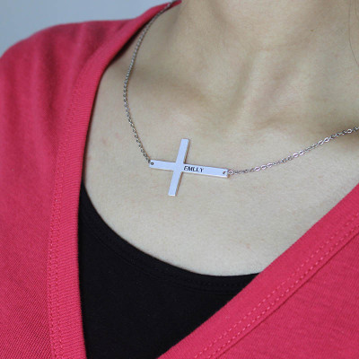 Sterling Silver Latin Cross Necklace with Engraved Name up to 1.25" Inches