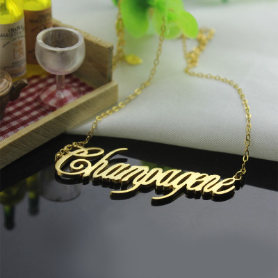 Customised Solid Gold Name Plate Necklace with Champagne Font