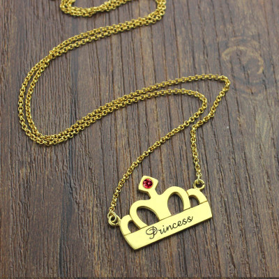 18ct Gold Plated Personalised Princess Crown Charm Birthstone Name Necklace