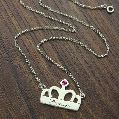 Personalised Sterling Silver Crown Charm Name Necklace with Birthstone