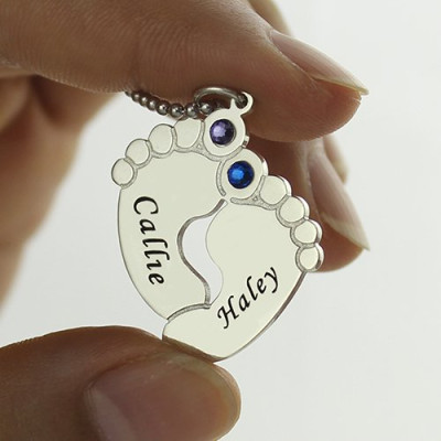 Personalised Baby Feet Name Necklace with Birthstone in Sterling Silver
