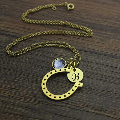18ct Gold Plate Birthstone Initial Charm Horseshoe Lucky Necklace