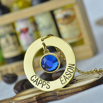 Custom Circle Pendant Necklace with Birthstone 18k Gold Plated Silver