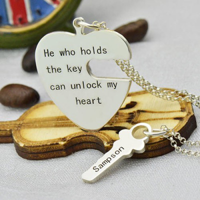 Two-Piece Couple Necklace Set with Key & Heart Pendants