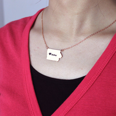 Rose Gold Iowa State Map Necklace with Heart Charm