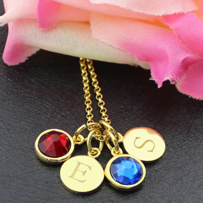 Personalised Gold Double Discs Initial and Birthstone Necklace