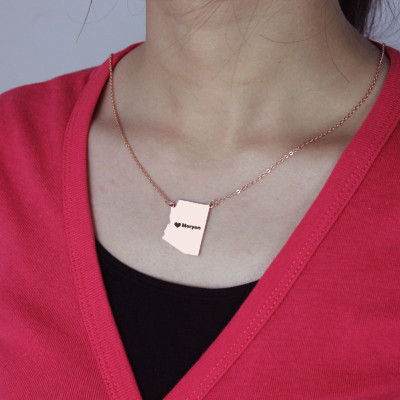 Personalised Arizona State Map Pendant Necklace with Heart and Rose Gold Plating