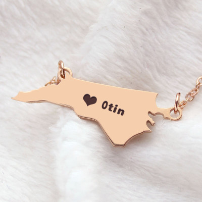 Custom NC State US Map Necklace with Heart Personalised Rose Gold