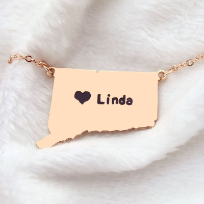 Rose Gold State of Connecticut Necklace with Heart Charm