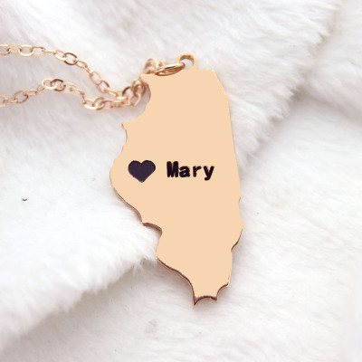 Custom Illinois State Necklaces With Heart and Rose Gold Name Engraving