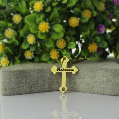 18K Gold Plated Sterling Silver Custom Cross Name Necklace with Rebecca Font