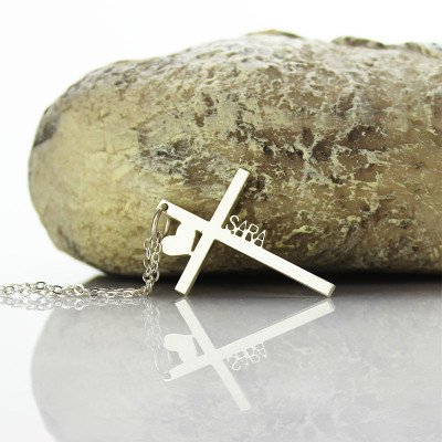 Custom Silver Cross Name Necklace with Heart Pendant
