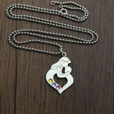 Engraved Mother and Child Necklace with Birthstone in Silver