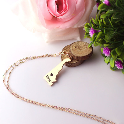 Rose Gold Custom Delaware State Necklace with Heart-Shaped Name