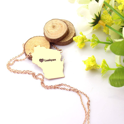 Personalised Wisconsin-Shaped Necklace with Heart Name in Rose Gold