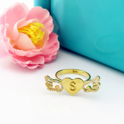 Angel Wings Heart Ring with Birthstone  Initial 18ct Gold Plated  - By The Name Necklace;