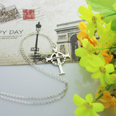 Personalised Silver Circle Cross Necklaces with Birthstone Name