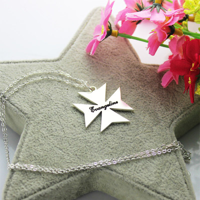 Engraved Silver Maltese Cross Name Necklace - Personalised Keepsake Gift
