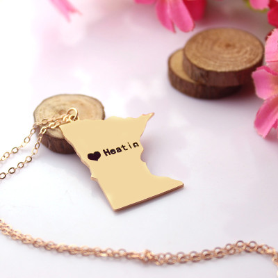 Rose Gold Custom Minnesota State Necklace with Heart Name