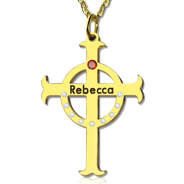 18ct Gold Plated Silver Circle Cross Necklace with Birthstone Name