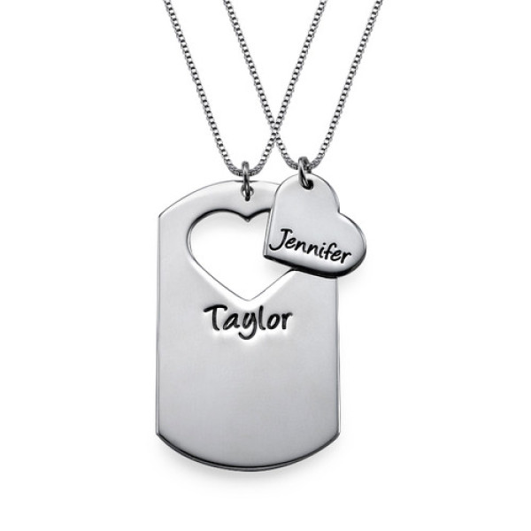 Couples Dog Tag Necklace With Cut Out Heart - By The Name Necklace;