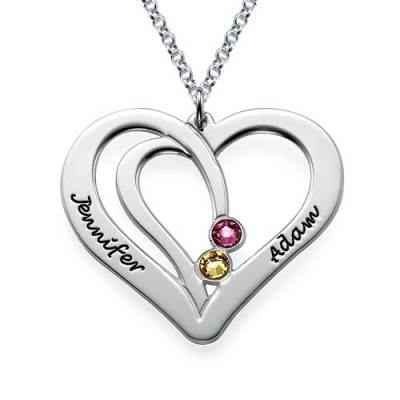 Engraved Couples Birthstone Necklace in Silver  With My Engraved