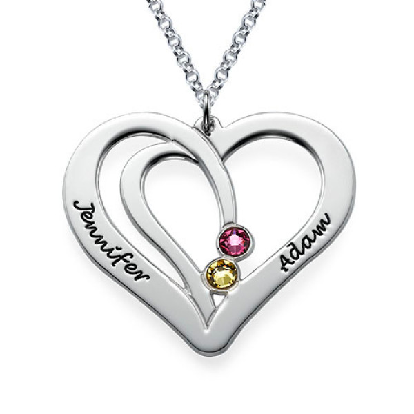 Sterling Silver Engraved Couples Birthstone Necklace
