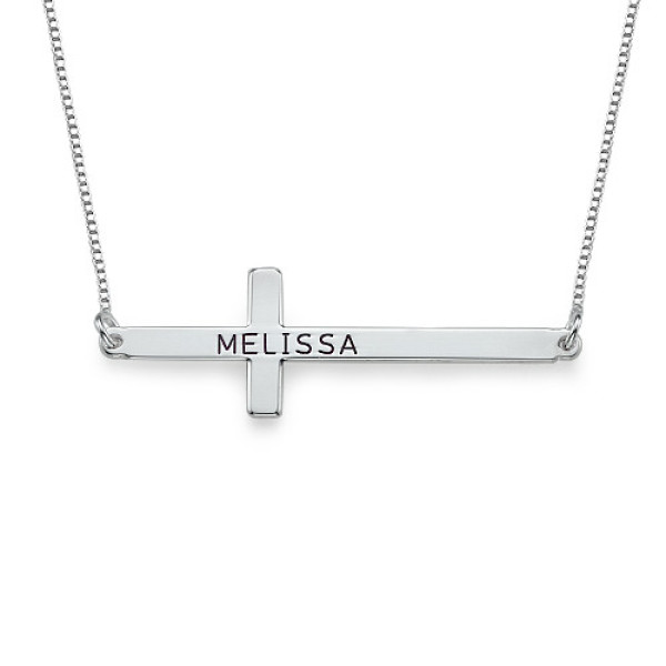 Personalised Silver Sideways Cross Necklace with Engraving
